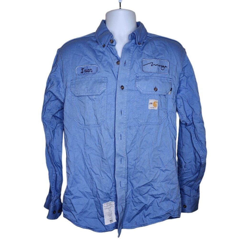 Carhartt Flame Resistant Collared Shirt Blue Mens S Mirage Casino Work Wear Las